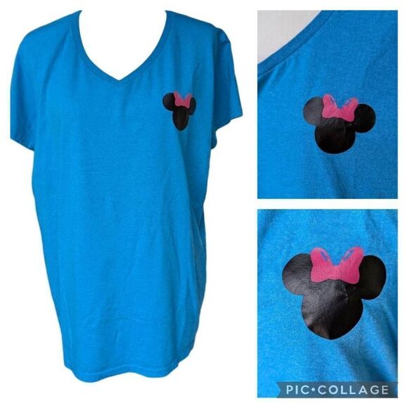 GILDAN Pink Bow Black Disney Minnie Mousse Blue T Shirt V Neck Women's Size L - Picture 1 of 9